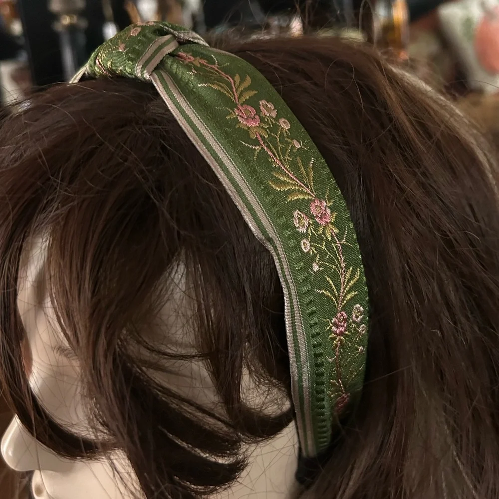 Green Floral Embroidered Twist Knot Headband
